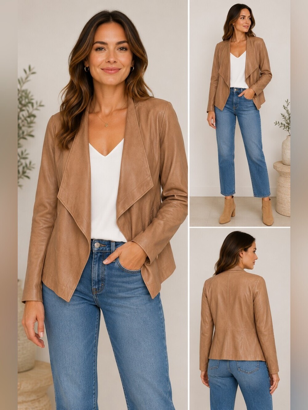 Vince Taupe Brown Genuine Leather Drape Front Jacket XS Open Front Moto Cardigan